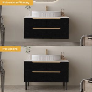 English Elm 36 Inch Floating or Freestanding Bathroom Vanity with Ceramic Sink and Soft Close Drawers W3136S00032