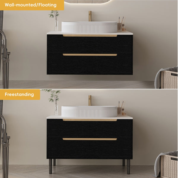English Elm 36 Inch Floating or Freestanding Bathroom Vanity with Ceramic Sink and Soft Close Drawers W3136S00032