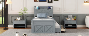 English Elm Twin Storage Bed with Headboard Outlets, Extendable Trundle & 3 Drawers, Durable MDF/Plywood Design Gray 45.5 L x 21.5 W x 8 H N733S172839E