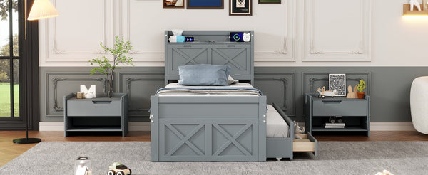 English Elm Twin Storage Bed with Headboard Outlets, Extendable Trundle & 3 Drawers, Durable MDF/Plywood Design Gray 45.5 L x 21.5 W x 8 H N733S172839E