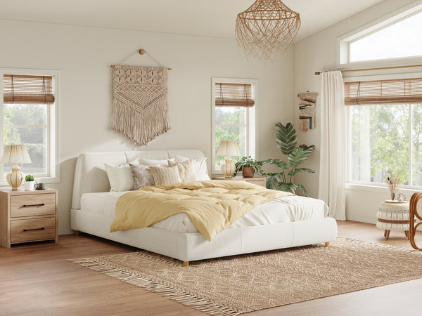 English Elm Christopher Knight Home® - Queen Plush Upholstered Bed Frame in White Linen Blend with Solid Wood Legs, Sturdy 500lb Support N757Q280037I