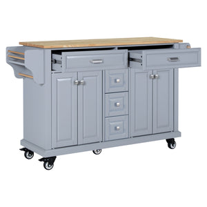 English Elm Kitchen Island durable rubberwood countertop kitchen cart on casters with towel rack, spice shelf, 5 drawers and adjustable shelving for organized meal prep and mobility Grey W914S00001