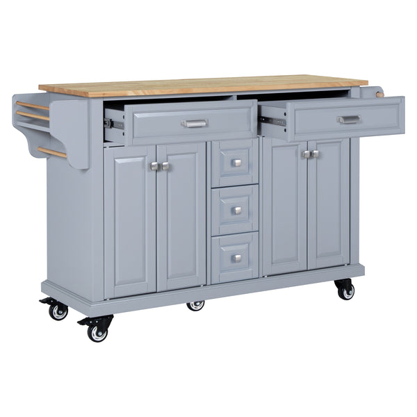 English Elm Kitchen Island durable rubberwood countertop kitchen cart on casters with towel rack, spice shelf, 5 drawers and adjustable shelving for organized meal prep and mobility Grey W914S00001