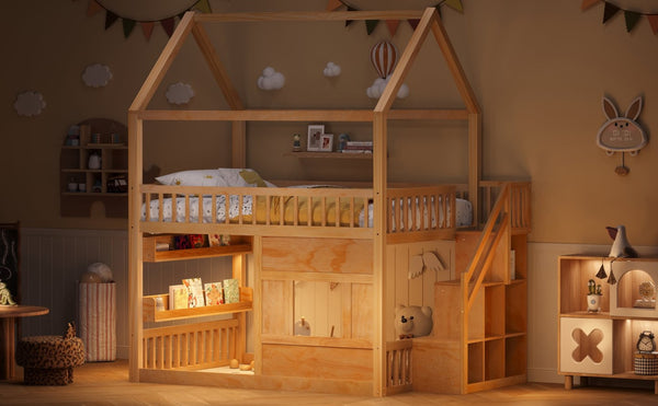 English Elm Full Size Solid Wood House Bed with Led Shelf Lighting for Kids Bedroom Natural N7500005026N