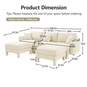 English Elm Boucle U-Shape Sectional Sofa With Shell Armrests & Movable Ottomans - Modern Beige Comfort Piece W3041S00278