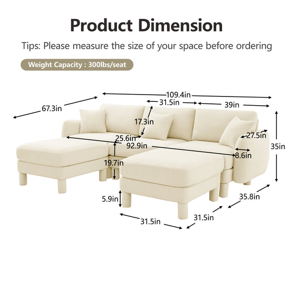 English Elm Boucle U-Shape Sectional Sofa With Shell Armrests & Movable Ottomans - Modern Beige Comfort Piece W3041S00278