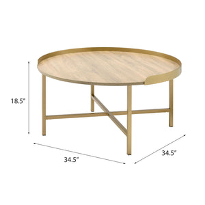 English Elm Oak Coffee Table With Elegant Gold Accents, Round Tray Top, Modern Design For Living Spaces B062P181359