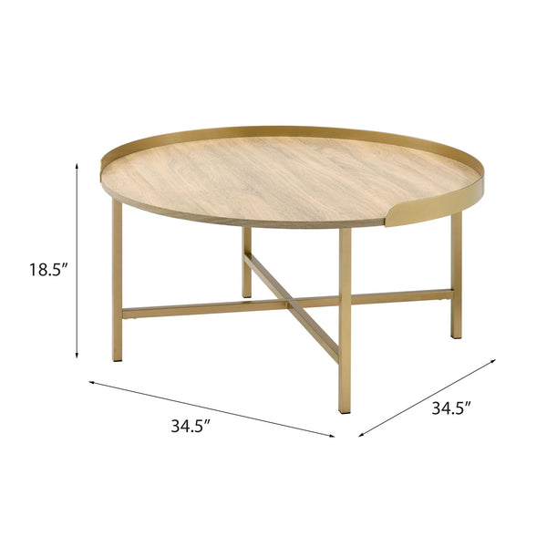 English Elm Oak Coffee Table With Elegant Gold Accents, Round Tray Top, Modern Design For Living Spaces B062P181359