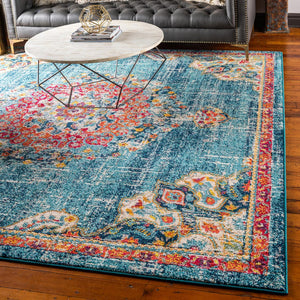 Unique Loom Penrose Alexis Machine Made Medallion Rug Blue, Gray/Ivory/Navy Blue/Orange/Red/Pink 8' 0" x 8' 0"