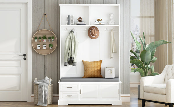 English Elm On-Trend Elegant Hall Tree With Sliding Doors, 6 Hooks, Mudroom Bench & Cushion For Organized Entryway N721P205787K-GIGA