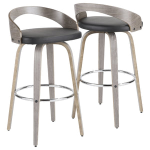 English Elm Grotto Mid-Century Barstool Set of 2 — Light Grey Wood, Black Faux Leather, 360° Swivel & Chrome Footrest B202P222226