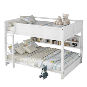 English Elm Queen Over Queen Floor Bunk Bed with Built-In Storage Shelves, USB Charging Station, Solid Pine Frame, Safety Rails and LadderDesigned for Space Saving and Modern Bedrooms White W504S00240