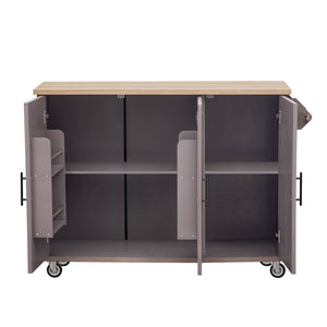 English Elm K&K Farmhouse Kitchen Island with Geometric Twill Doors, ASH Bark Top, Drop Leaf & Lockable Wheels Brown N707P221444Z