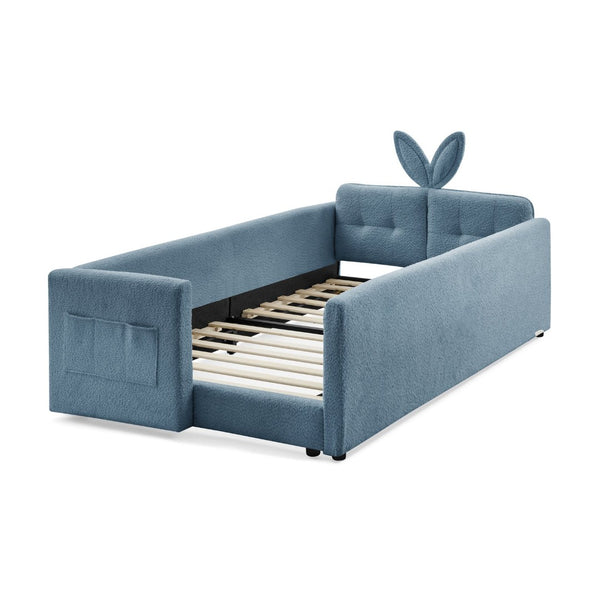 English Elm Twin Boucle Upholstered Kids Bed Whimsical Rabbit Ear Headboard with Safety Rail Sky Blue W1413P407487