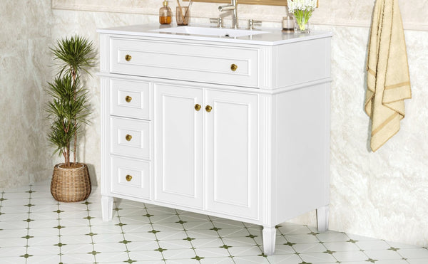 English Elm 36 Inch Freestanding Bathroom Vanity Sage Pine Cabinet Gold Hardware Ceramic Sink White N725P366468K