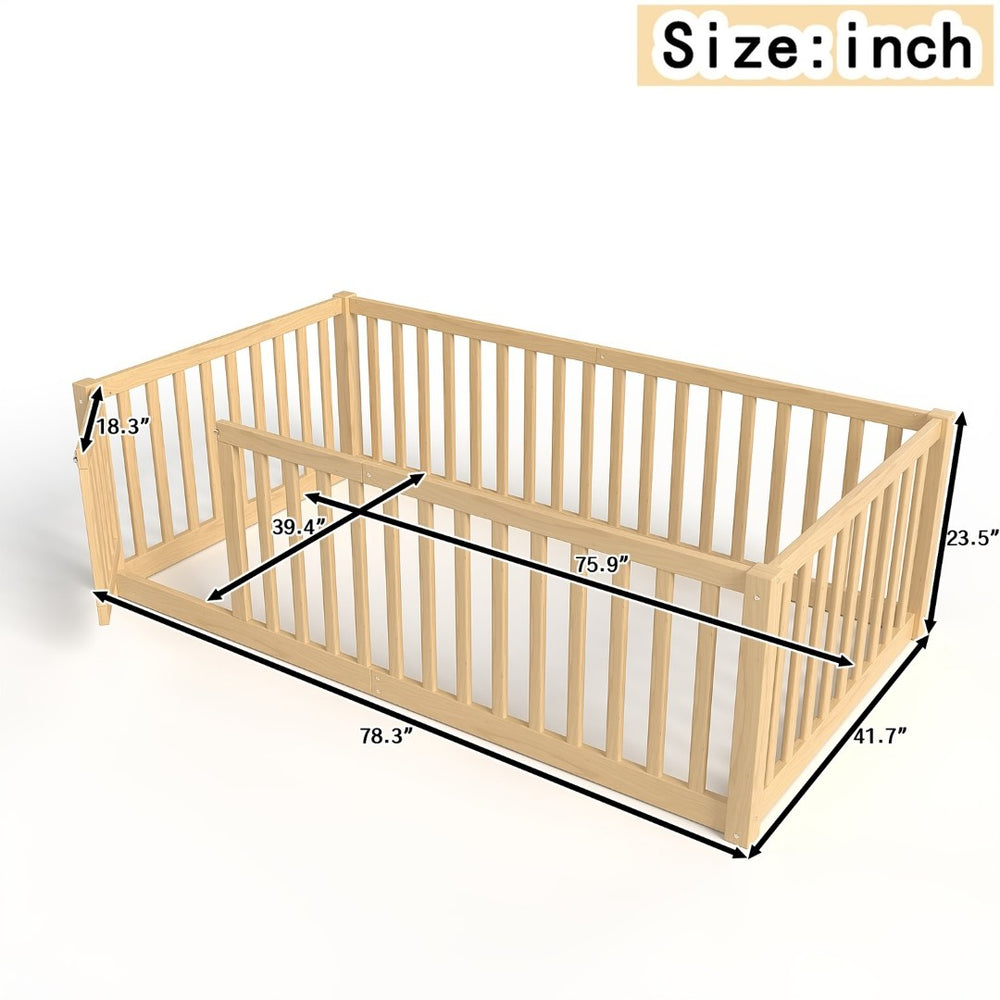 English Elm Twin Floor Bed Pine Wood Frame with Guardrails and Door for Safe Toddler Sleep Natural W1580P417669