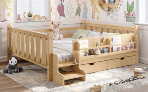 English Elm Queen Bunk Bed with Trundle Solid Pine Kids Car Themed Frame Built-in Bookshelf Light Natural W1580S00544