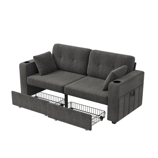 English Elm Sofas for Living Room Chenille Three Seat Couch with Usb Charging Storage and Cup Holder Gray W395S00143