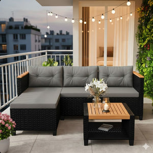 English Elm 3-piece Outdoor Pe Rattan L-shaped Sectional with Acacia Storage Table for Patio Black+Grey B082P455129