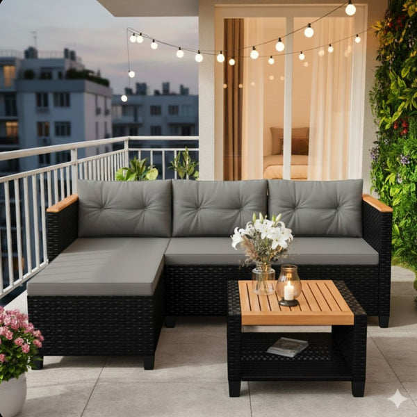 English Elm 3-piece Outdoor Pe Rattan L-shaped Sectional with Acacia Storage Table for Patio Black+Grey B082P455129