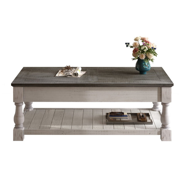 English Elm Farmhouse Coffee Table Solid Planked Wood with Open Shelf Square Baluster Living Room Ancient White,Antique Grey W1445P362856