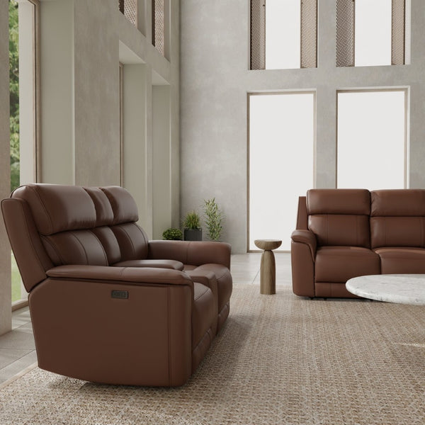English Elm Oslo Genuine Leather Power Reclining Sofa Set with Usb Charging and Swivel Glider Pecan B339S00005