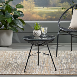 English Elm Christopher Knight Home® - NUSA Side Table with Tempered Glass Top and Handcrafted Rattan Base — Modern Outdoor Accent Table Black 66627.00BLK