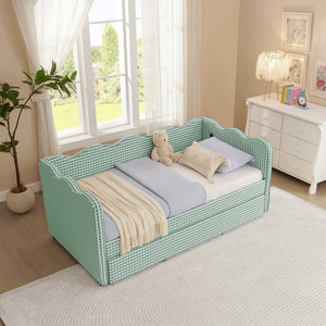 English Elm Cozy Gingham Linen Daybed with Pull Out Trundle Usb Port Wave Back Twin Sofa Cyan W1413S00120