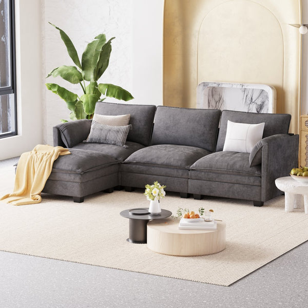 English Elm 107.8'' Large L-Shaped 3-Seater Sofa With Movable Ottoman & Pockets - Modern Comfort For Any Space W680S00046