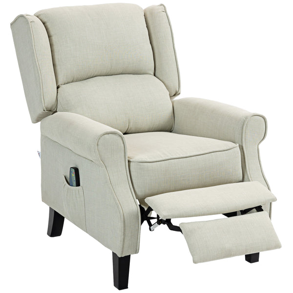 English Elm HOMCOM Linen Massage Recliner Chair with Heat & Dual Motors, Wingback Push-Back Sofa w/ Footrest and Side Pocket White W2225P200663