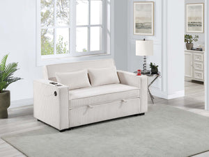 English Elm Beige Convertible Corduroy 2-Seat Sleeper Sofa with Cup Holders, USB Ports & Throw Pillows — Cozy B011S01585