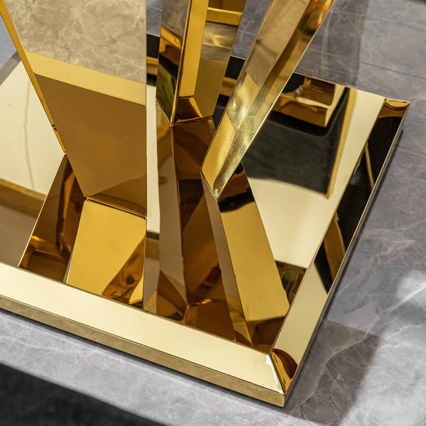 English Elm Luxury Gold Pvd Steel Rectangular Dining Table with Black Tempered Glass Seats Six White+Gold W2723S00086