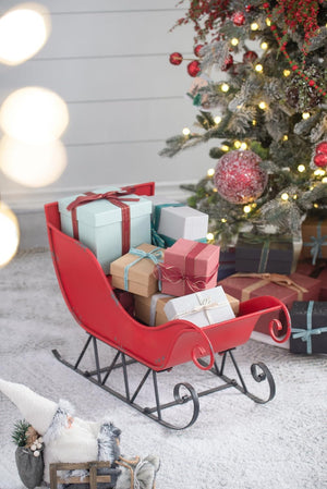 English Elm 25x13.5x17.5"H Iron Red/Black Sleigh Rustic Santa Mantel Decor, Distressed Metal Holiday Accent for Home Celebration W2078P237028