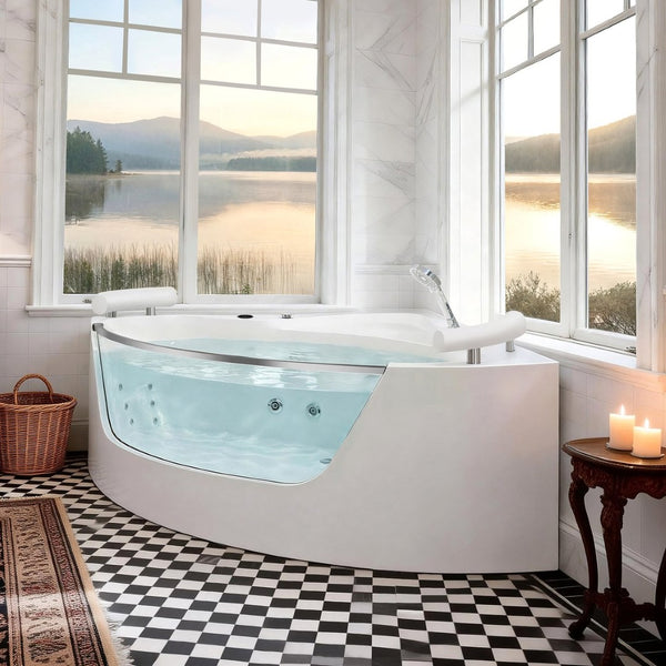 English Elm Korra Two Person Corner Whirlpool Tub Acrylic 16 Jet Spa with Heater and Chromotherapy W5619P449939