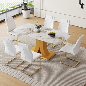 English Elm Table And Chair Set: Luxurious 71" Pandora Glass Dining Table With Gold Legs & 6 White Pu Chairs W1151S03227-GIGA