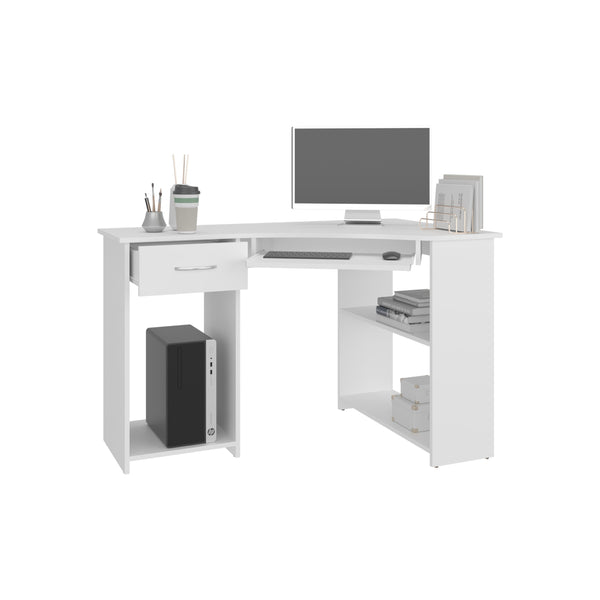 English Elm Jasper Corner Desk with Wraparound L-Shape Workspace, Built-In Side Shelves, Kronos White Finish B200P378362