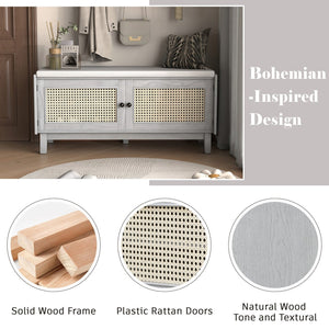 English Elm Trexm Bohemian Rattan Storage Bench Cushioned Seat Shoe Cabinet for Entryway Beige,Gray Wash N715P308012E