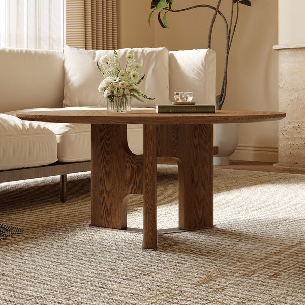 English Elm 31.5 Round Rustic Ash Wood Veneer Coffee Table — 31.5" Space-Saving 80cm Low Profile Table with Stainless Shim Legs W3136P354198