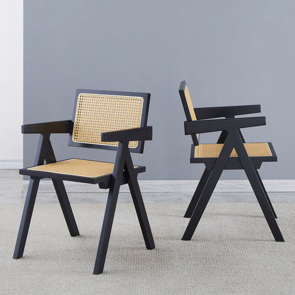 English Elm 2 Black Rubberwood Dining Chairs With Rattan Weaving - Stylish, Comfortable & Versatile Living Room Seating W2720P237607