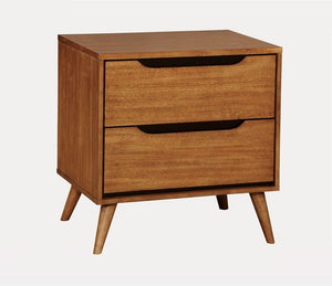 English Elm Mid-Century Nightstand with Solid Wood Construction, Tapered Round Legs, Recessed Pulls, 2-Drawer Stylish Bedside Table Oak 28 L x 21 W x 21 H B011P236773