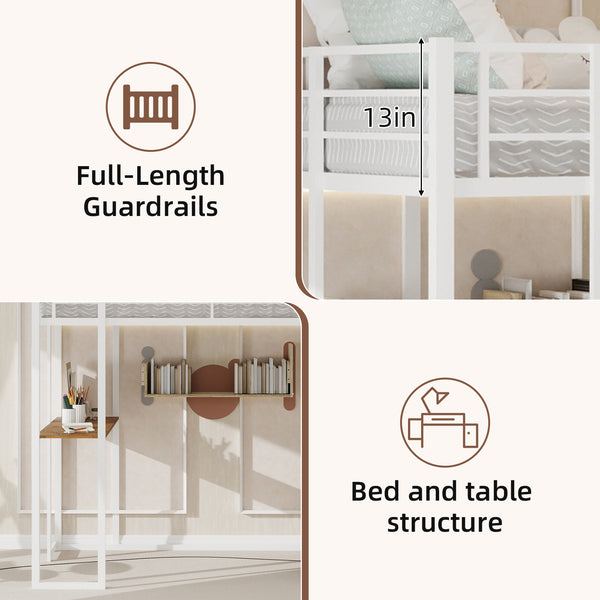 English Elm Iron framed bunk bed with L-shaped study desk and dual-side stairs, space-saving durable design White W1935P330796