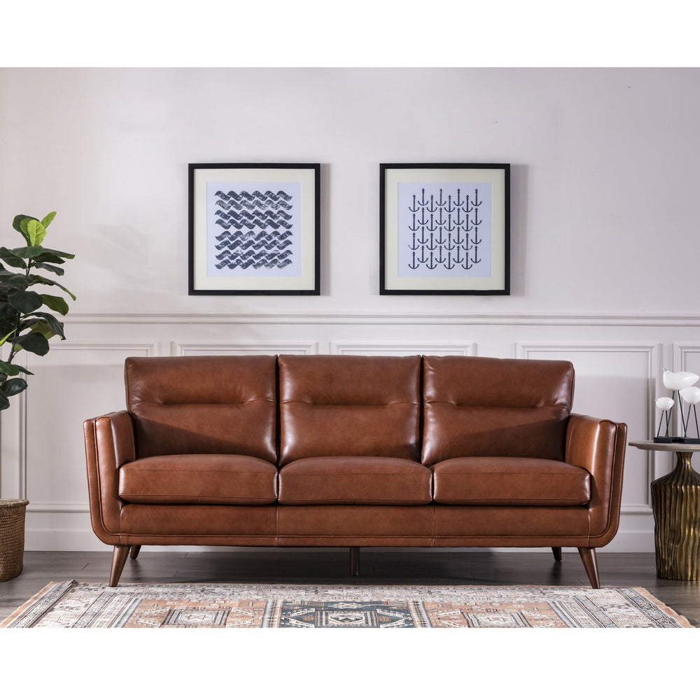 English Elm Mid-Century Tufted Leather Sofa with Brushed Rose Gold Legs, High-Resilience Foam & Durable Coil Support Light Brown B193P200159