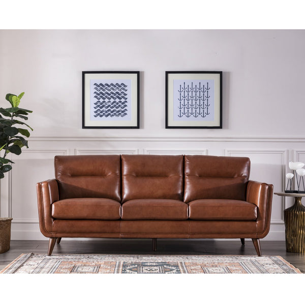 English Elm Mid-Century Tufted Leather Sofa with Brushed Rose Gold Legs, High-Resilience Foam & Durable Coil Support Light Brown B193P200159