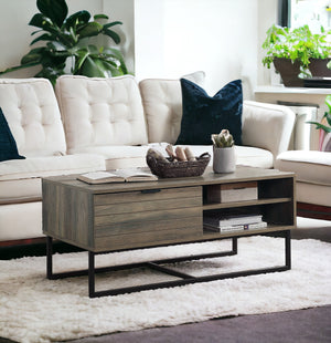 English Elm Homare Rustic Oak Coffee Table with Black Metal Legs, 1 Door & 2 Open Shelves, Adjustable Height B2726P281466