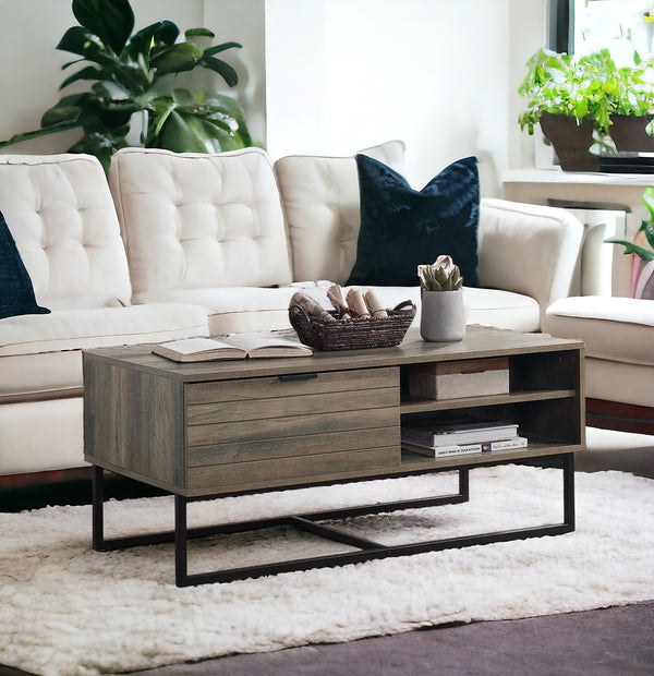 English Elm Homare Rustic Oak Coffee Table with Black Metal Legs, 1 Door & 2 Open Shelves, Adjustable Height B2726P281466