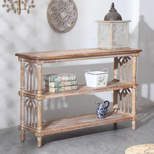 English Elm Rustic 3-Tier Console Table with Gothic Arched Cutouts, 47.24" Antique Natural Wood Entryway Shelf W2295P365031