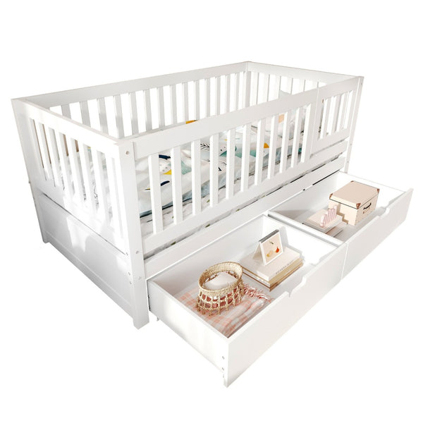 English Elm Convertible Toddler Daybed Solid Pine Kids Bed with Storage Drawers and Removable Rails White N899P429848K