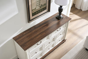 English Elm 8 Drawer Farmhouse Chest Distressed Two-tone Wood Grain Finish Antique Hardware W2393P252366