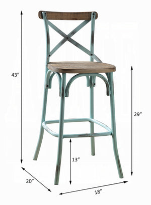 English Elm Antique Metal Frame Bar Chair with Wooden Seat and X Backrest, Vintage Dining Stool with Footrest Sky Blue 20.5 L x 44.5 W x 6.5 H B2741P325720