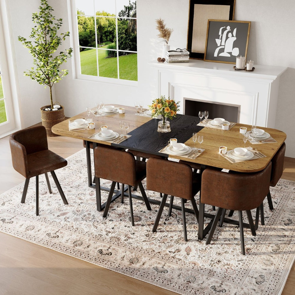 English Elm 9-piece Square Dining Set Seats 8 with Suede Chairs and Two-tone Metal Frame Black,Brown,Wood W3875S00137
